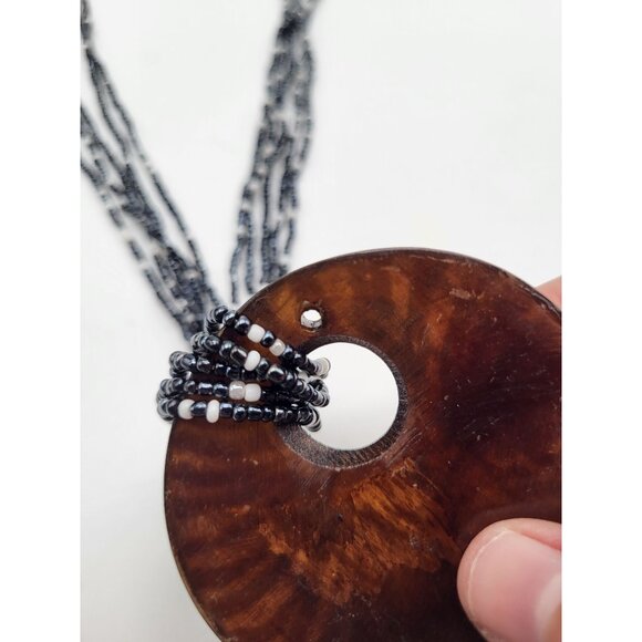 Boho Multi Strand Seed Bead Necklace w/Circle Disc Wood Pendant - Picture 5 of 10